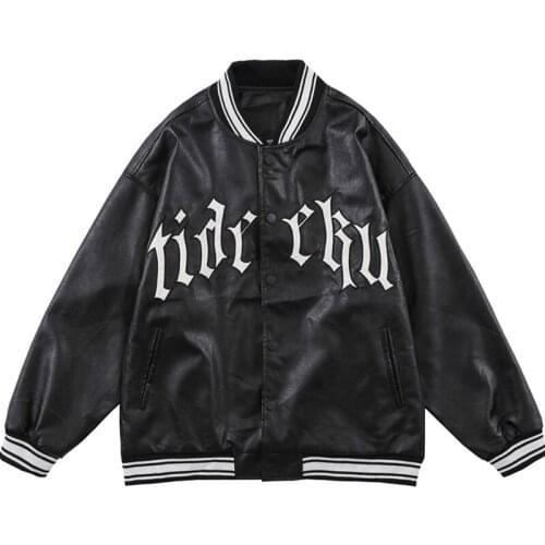 Men Letter Embroidery PU Leather Jacket American High Street Stand-Up Collar Varsity Jacket Black White Windproof Autumn Outwear