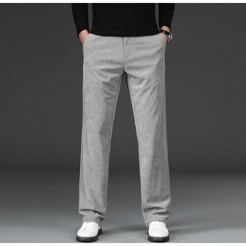 2021 Mens Corduroy Casual Pants Business Fashion Vintage Solid Color Elastic Regular Fit Straight Trousers Male Black Gray Navy