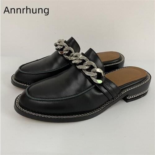 Size 36 Black Genuine Leather Runway Mules Women Metal Chains Decor Cover Toe Round Toes Flat Heel Lazyman Slippers Women