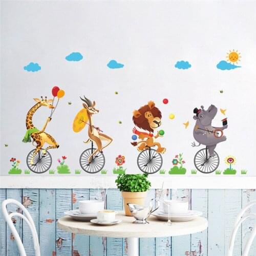 Forest Jungle Wild Animals bear lion Giraffe Ride Bicycle Wall Sticker For Kids Rooms Wall Decal Mural Window Home Decor Gift