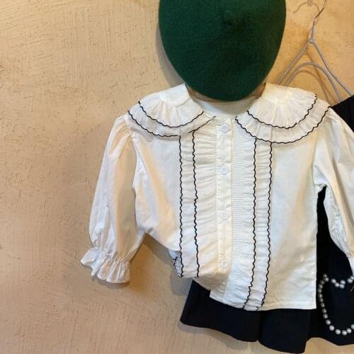 2021 Autumn New Girls' Retro Double Doll Collar Shirt Baby Girls' Stylish Thin Ruffle Sleeve Shirt