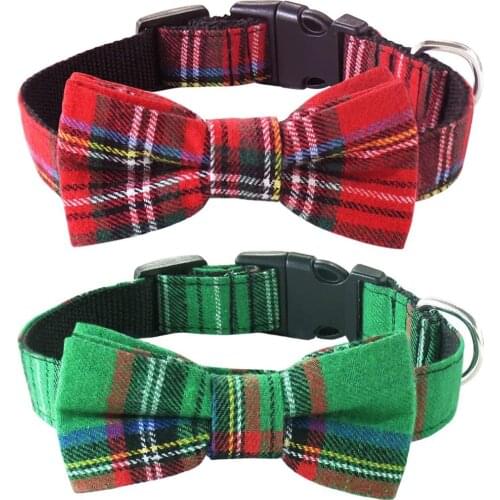 Dog Collar with Bow tie Christmas Classic Plaid Dog Collar with Light Adjustable Buckle Suitable for Small Medium Large Dogs Cat