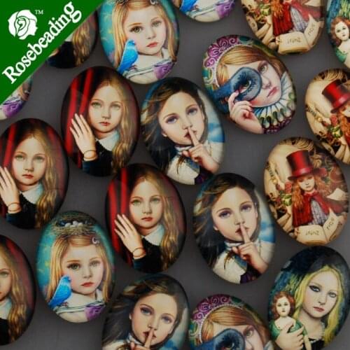 18x25mm oval pattern glass cabochon,mixed pretty girl pictures,flat back,thickness 6mm,sold 20pcs/lot-C4548