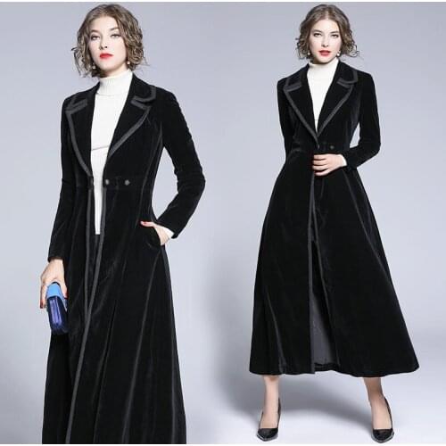 Slim Female Temperament Retro Windbreaker Coat Black Velvet Coat Long /X-long Jacket Dress Elegant Femme Robes For Party f2596