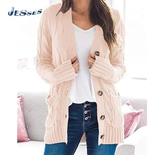 Wool Knit Cardigan Women Winter Twist Knitted Button Jacket V-neck Long Sleeves Loose Sweater Ladies Jumper Clothes For Outdoor