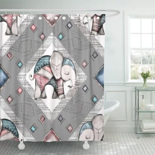 Blue Watercolor Indian Elephant Geometrical Animal Ethnic Tribal Vintage Shower Curtain Waterproof Polyester Fabric 72 x 78 Inch