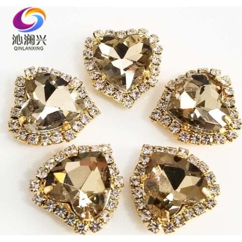 Light coffee heart shape Crystal glass buckle,gold bottom sew on rhinestones for Diy/jewelry accessories 12mm/14mm/18mm 10pcs