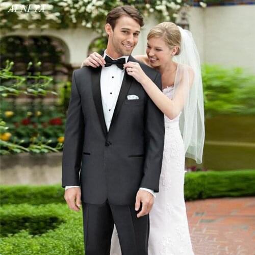 Charcoal Elegant Men Suits Groom Wedding Tuxedos Casual Fitted Slim Groomsmen Suit Two Pieces With Shawl Lapel (Jacket+Pants)