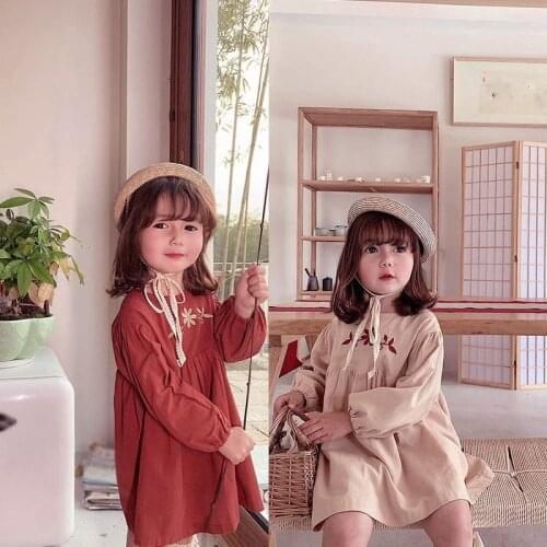 Spring And Autumn Girls' Dress Korean Style Embroidered Flowers Sweet Princess Dress Long-Sleeved Baby Kids ChildrenS Clothing