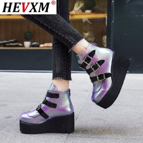 HEVXM Luxury Brand New Fashion Female Platform Boots Classic Wedges Ankle Boots Women 2020 Metal Buckle Autumn Shoes Woman