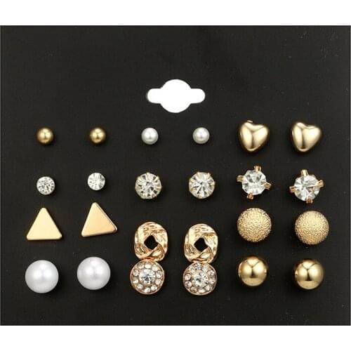 12 Pai Trendy Heart Gold Silver Color Stud Earrings for Women Minimalist Earring Set Cheap Imitation Pearl Crystal Ball Gift