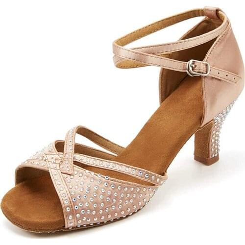 Skin Crystal Latin Tango Party Dance Shoes Women Rhinestone Dance Shoes Practice Latin Salsa Ballroom Dancing Shoes Girls Dance