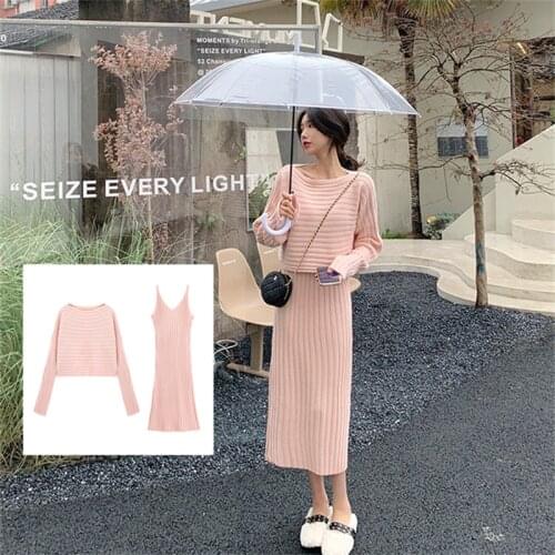 Knit Sweater Set Suspender Skirt Womens Long Sleeve Top Winter Dress Warm Knitted Suit 2 Piece Set Sweaters Winter Clothes Women