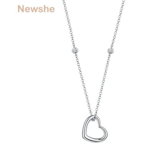 Newshe Solid 925 Sterling Silver Heart Shape Pendant Necklace For Women AAA Cubic Zironia Romantic Jewelry Valentines Gift