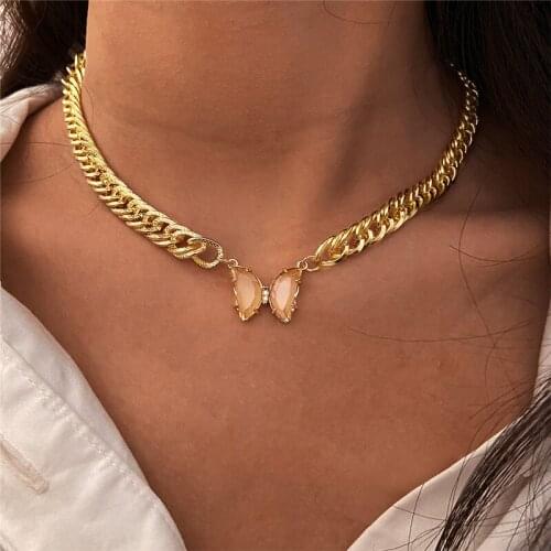 Bohemia Vintage Gold Color Thick Chain Choker Necklace for Women Butterfly Pendant Necklace Fashion Statement collier femme 2021