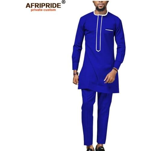 2019 African Men`s Shirt Suit Dashiki Tops Blouse and Ankara Pants Set Traditioal Outfits Attire Wax Clothes AFRIPRIDE A1916018