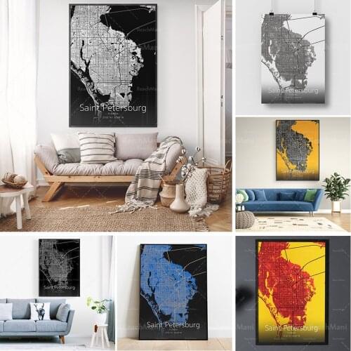 Affiche imprimée de carte de ville de Saint-Pétersbourg / État de la Floride / différentes tailles et styles de conception