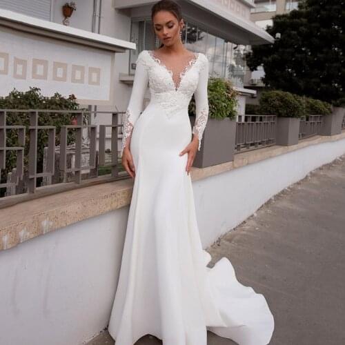 Modest White Mermaid Wedding Dresses Lace Beads Long Sleeve Bride Dress Vestido de Noiva Sereia 2021 Church Wedding Gowns Vintag