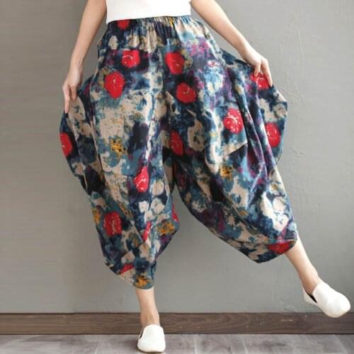 Boho Sarouel Cotton Linen Wide Leg Crop Pants Bohemian Print Oversized Harem Pantalons Casual Cropped Pants