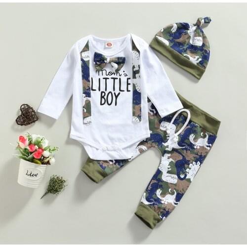 Baby Suit Set Dinosaur Print Round Neck Long Sleeve Romper+ Long Pants+ Hat for Toddler Boys 0-18 Months