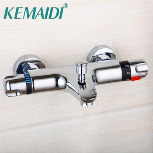 KEMAIDI RU Thermostatic Shower Faucet Wall Mounted Double Handles Faucet Spout Filler +Diverter Chrome Bathtub Valve Mixer Tap