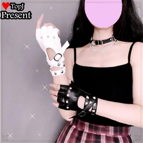 Harajuku JK uniform leather gloves cool punk locomotive hard girl half finger dark Gothic Lolita Cosplay leather glove