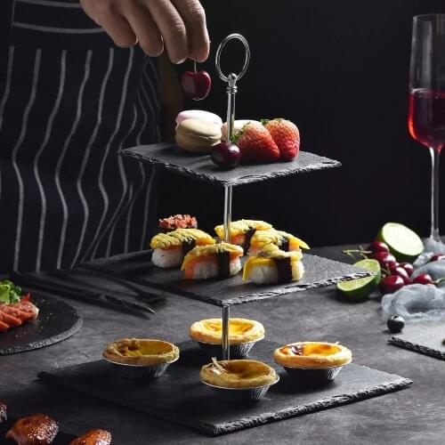 MALACASA Serie Sweet.time 14.5" Tall 3 Tier Square Stone Cake Stand 6"&8"&10" Natural Slate Serving Set with Silver Carry Handle