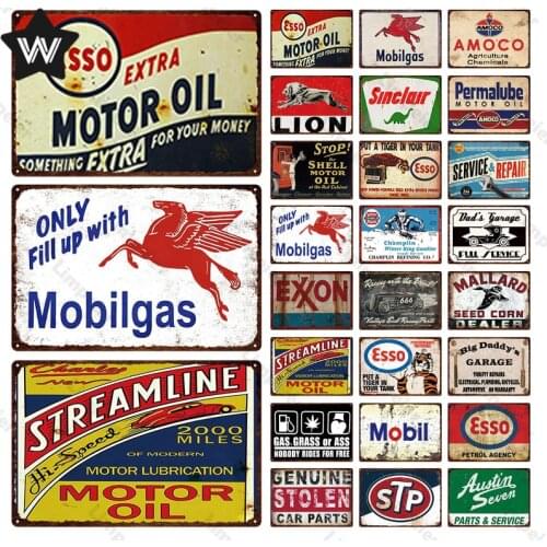 Mobil Metal Poster Motor Oil Tin Sign Retro Tin Plaque Vintage Shabby Metal Plaque Wall Stickers for Man Cave Garage Decoration