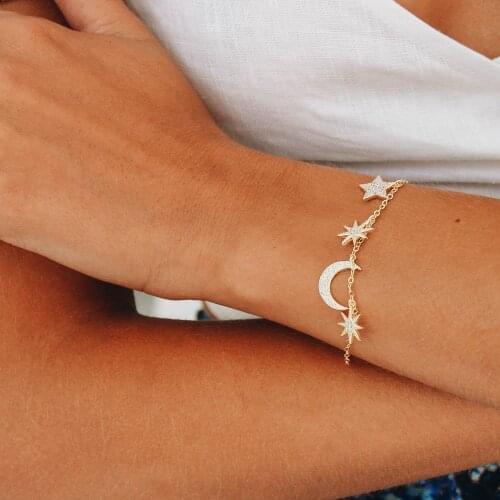 Micro Pave full cz Crescent Moon Stars Adjustable Chains Bracelets for youny girls delicate gold color simple charming jewelry