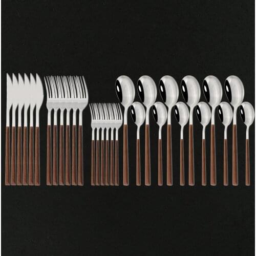 6/30Pcs Stainless Steel Wooden Handle Flatware Cutlery Set Dinnerware Clamp Western Tableware Knife Fork Tea Spoon Silverware