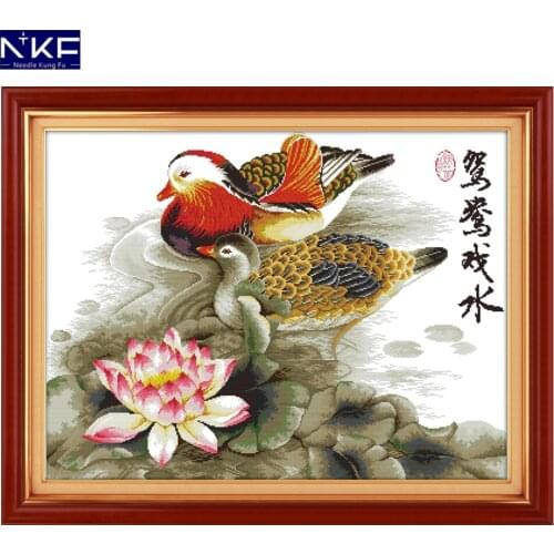 NKF White Lotus Carps Pattern Handmade Craft Needlework Chinese Cross Stitch Embroidery Kit Printed Cross Stitch for Home Decor