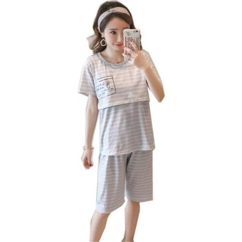 Breastfeeding Maternity Clothing Suits 2021 Summer Short Sleeve Top+Shorter For Pregnancy Women Nursing Pajamas B0105