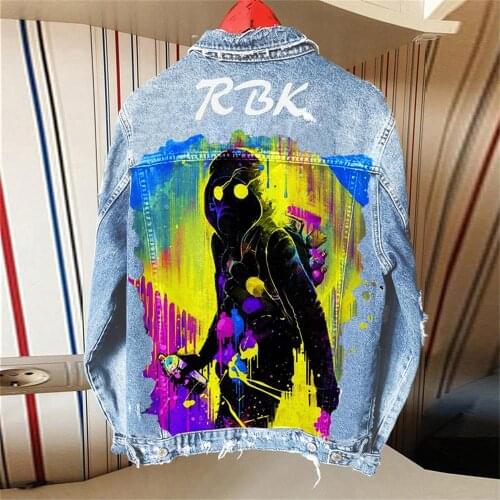 Personalized printed firefighter pattern European and American punk printed casual denim jacket denim jacket