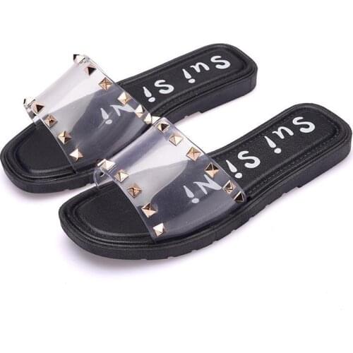 Jelly Slippers Women Metal Rivet Sandals Candy Colors Transparent Sandals Female Flat Beach Slides Slip On Shoes Zapatos Mujer