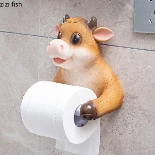 Cute Cattle Tissue Holder Toilet Wall-mounted Roll Paper Holder Cows Decorative Paper Towel Holder Punch-free Bathroom Accessory