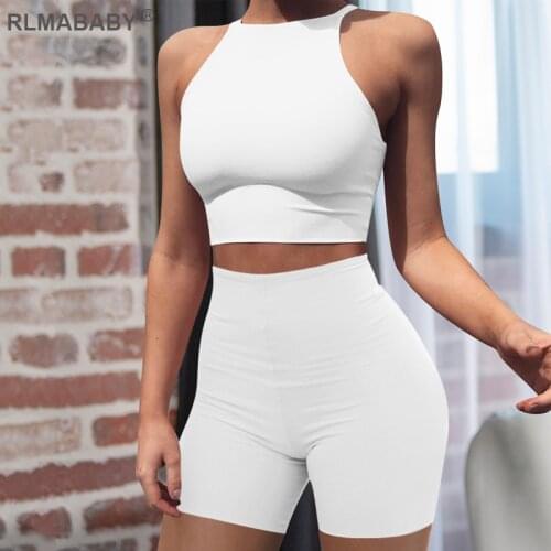 RLMABABY Summer 2 Piece Set Women Tracksuit O Neck Sleeveless Cropped Tank Top High Waist Shorts Casual Suit Club Party Sexy Set