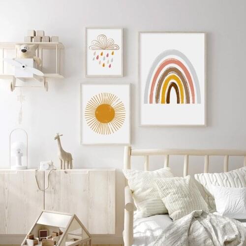 Boho Style Sun Cloud Rainbow Nursery Decor Wall Art Canvas Painting Poster and Print Picture New Baby Gift Kids Room Home Decor