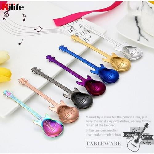 Creative Ice Cream Dessert Spoons Small Tea Coffee Spoon Long Handle Home Kitchen Tableware Stainless Steel guitar Spoon