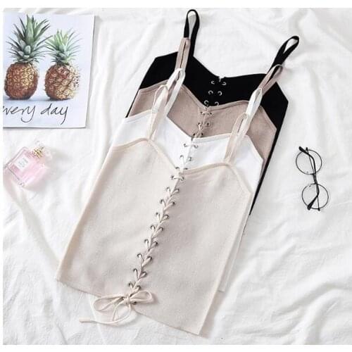 2021 Drawstring Crop Top Female Camis V-neck Vest White Stretchy Tank Tops Femme Club Sexy Knitting Skinny Tank Tops Women