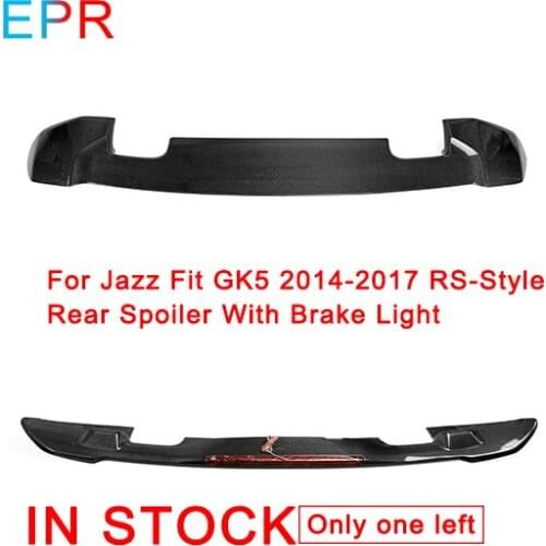 For Jazz Fit GK5 2014-2017 RS-Style Carbon Fiber Rear Spoiler With Brake Light For Honda Glossy Fiber Wing