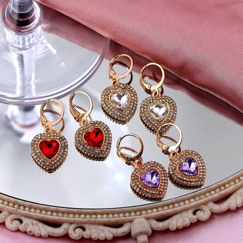 JUST FEEL Luxury Shiny Heart Crystal Drop Earrings For Woman Gold Color Full Rhinestone Geometric Earrings Fashion Jewelry Gift