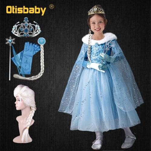Snow Queen 2 Girls Elsa Dress Velvet Collar Light Blue Dresses Carnival Costume Christmas Fancy Fairy Dress Fantasia Infantil