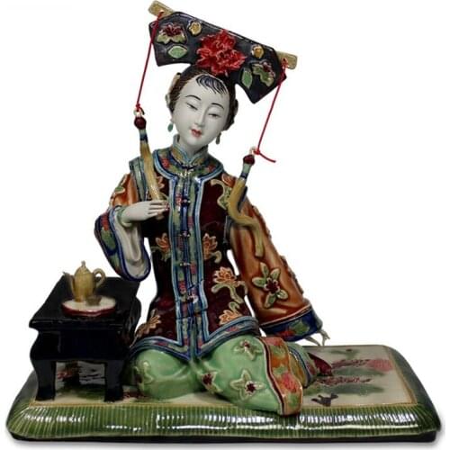 ANTIQUE CHINESE LADY CERAMIC STATUE FIGURE CRAFT COLLECTIBLE PORCELAIN FIGURINE VINTAGE HOME DECOR R2407