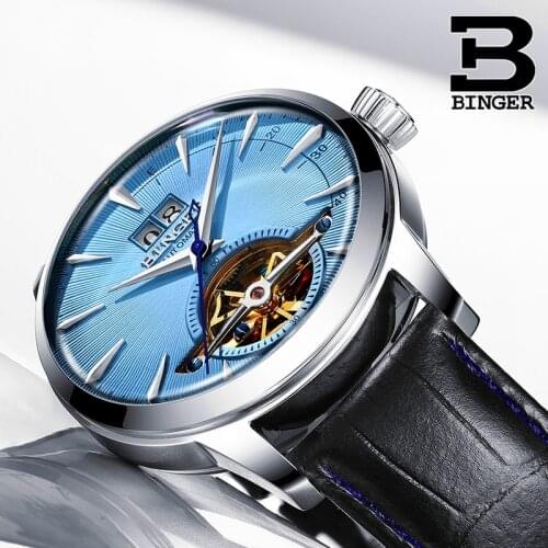 Switzerland BINGER Watches Relogio Masculino Automatic Watches For Men Mechanical Skeleton Tourbillon Casual Leather Blue Clock