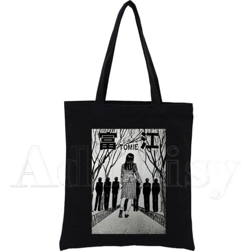 Junji Ito Women Female Foldable Canvas Shoulder Bag Canvas Tote Eco Shopping Bag Canvas Tote Bag Casual HandBag Daily Use Black
