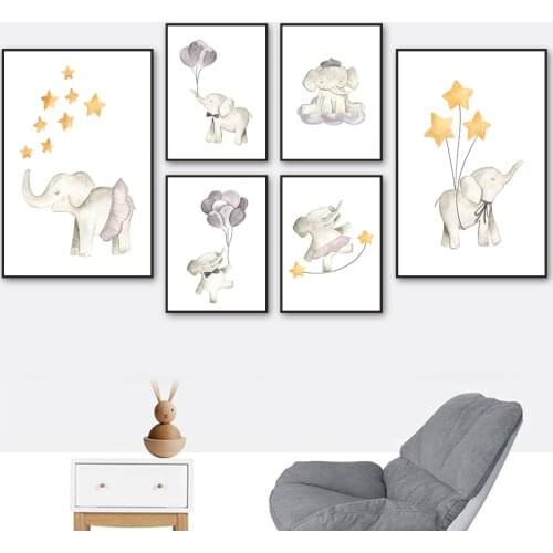 Cartoon Elephant Balloon Star Cloud Nursery Wall Art Canvas Painting Nordic Posters And Prints Wall Pictures Children Room Decor
