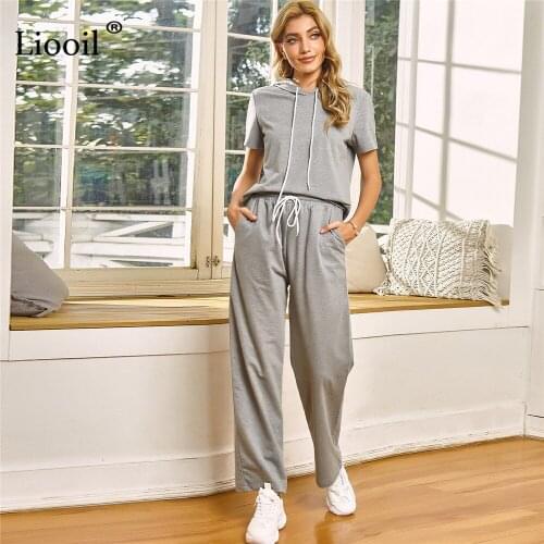 Liooil Two Piece Set For Women Tracksuit Drawstring Short Sleeve Hoodies And Straight Leg Pants Loose Sport Suit Autumn 2021