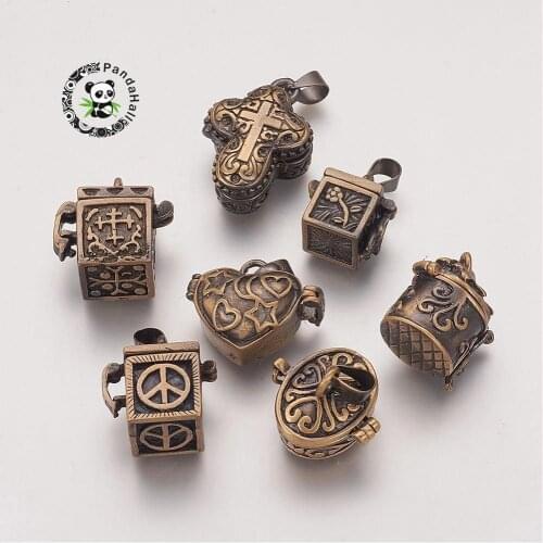 10pcs Brass Prayer Box Pendants, Mixed Shape, Antique Bronze, 18~26x10~22x10~18mm, Hole: 4.5x6.5mm