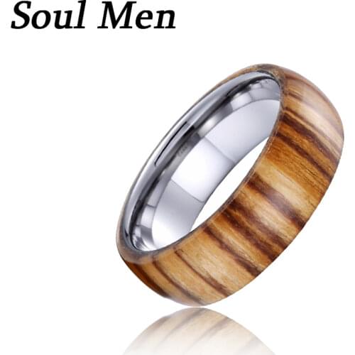 8mm Wood Ring for Men Comfory Fit Tungsten Carbide Wedding Band Inner Silver Color Domed Finish Classic Style Size 8 to 13