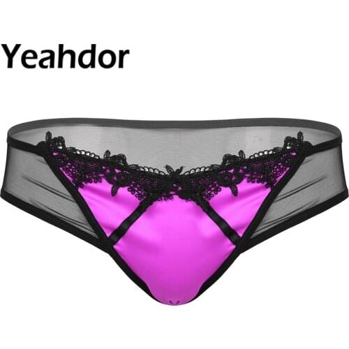2021 Mens See-through Mesh Back Lingerie Briefs Low Rise Panties Sissy Underwear Lace Trim Satin Patchwork Underpants Nightwear